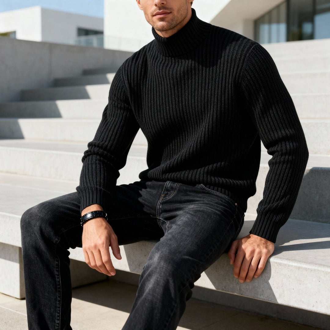 Mens Jumper Heavyweight Cotton Ribbed Mock Neck Pullover