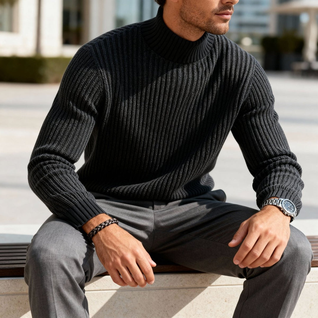 Mens Jumper Heavyweight Cotton Ribbed Mock Neck Pullover