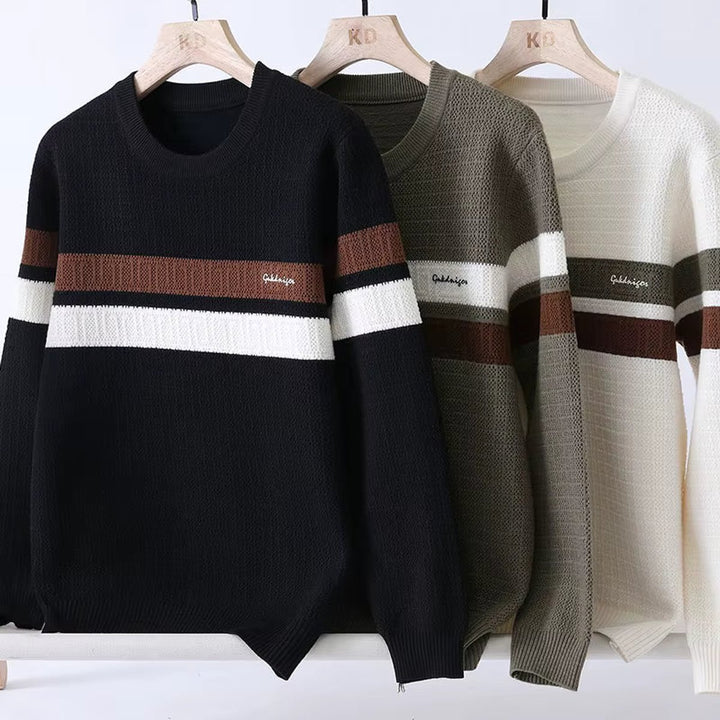 Mens Jumper Heritage Stripe Ribbed Crew Neck Knitted Pullover