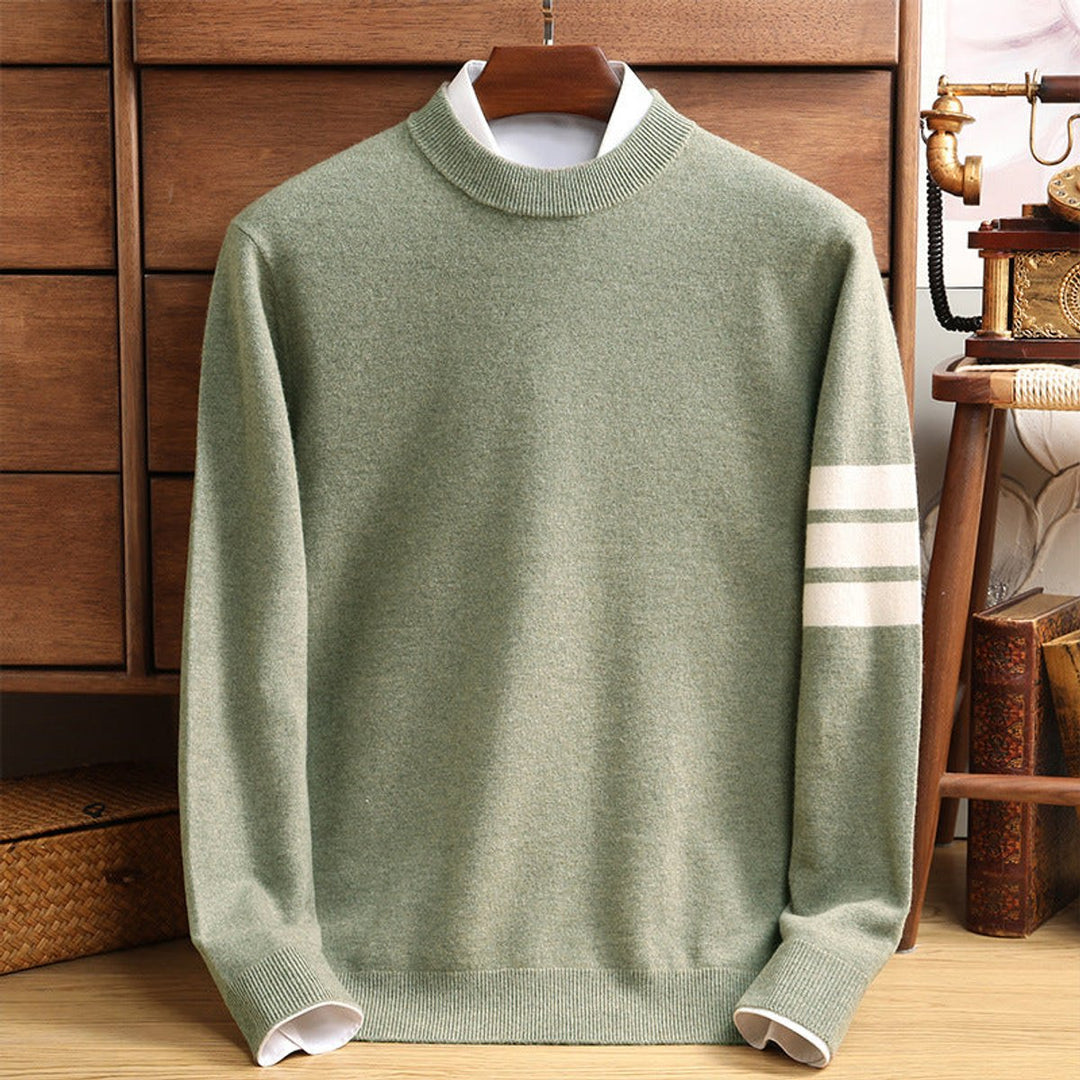 Mens Jumper Lambswool Striped Sleeve Mock-Neck Knitted Pullover
