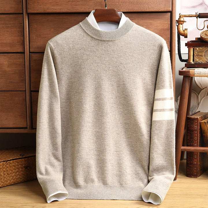 Mens Jumper Lambswool Striped Sleeve Mock-Neck Knitted Pullover