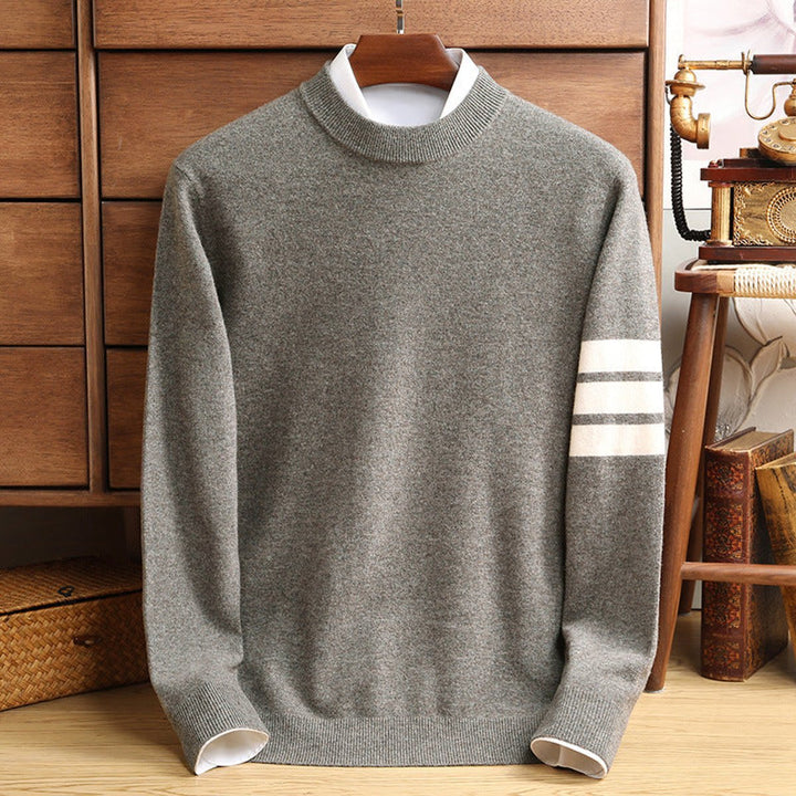 Mens Jumper Lambswool Striped Sleeve Mock-Neck Knitted Pullover