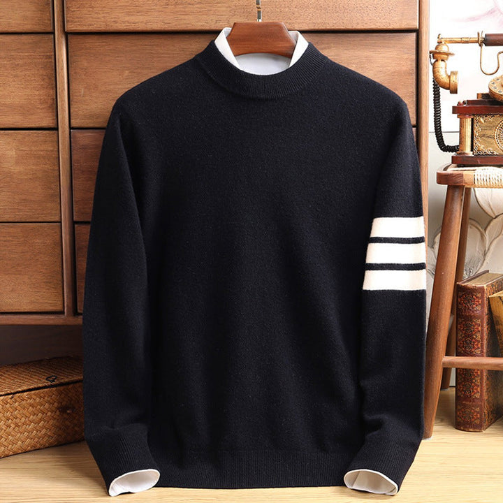 Mens Jumper Lambswool Striped Sleeve Mock-Neck Knitted Pullover