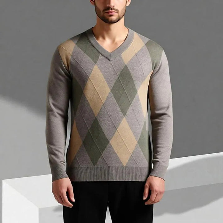 Mens Jumper Merino Wool Argyle V-Neck Knitted Pullover