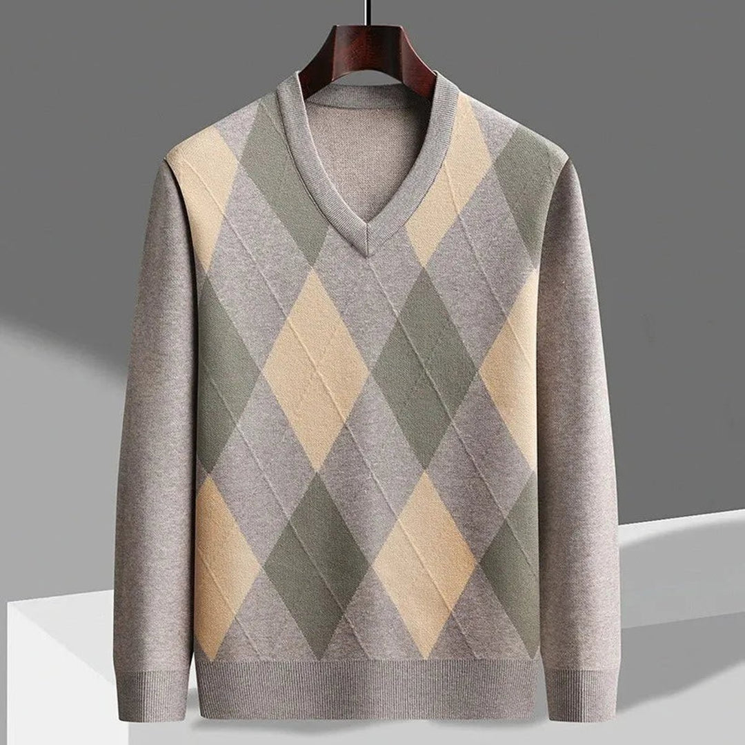 Mens Jumper Merino Wool Argyle V-Neck Knitted Pullover