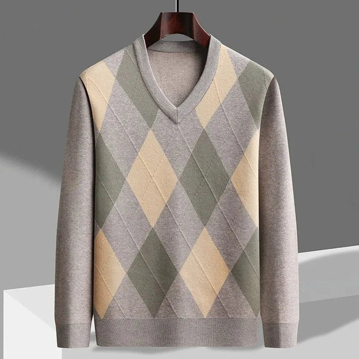 Mens Jumper Merino Wool Argyle V-Neck Knitted Pullover