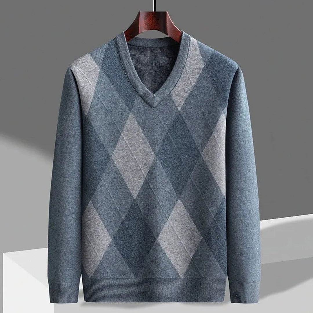 Mens Jumper Merino Wool Argyle V-Neck Knitted Pullover