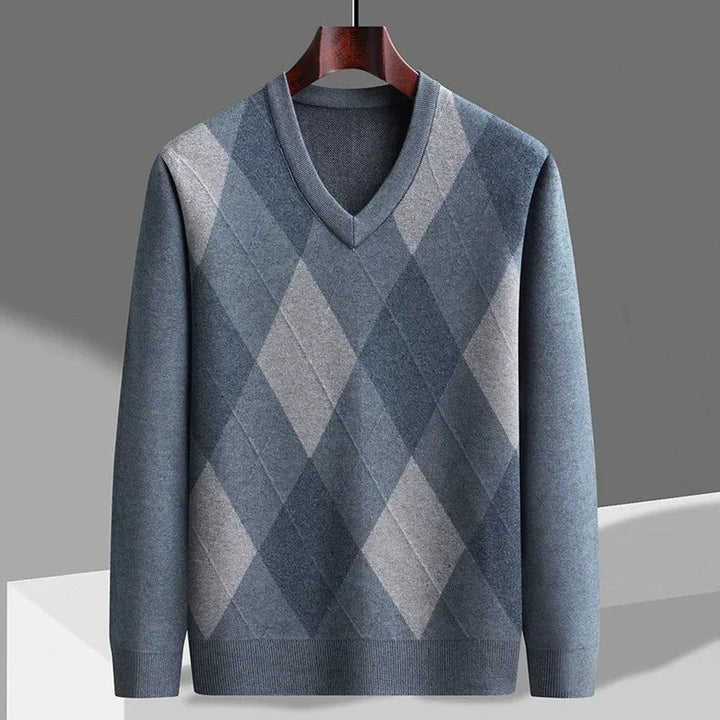 Mens Jumper Merino Wool Argyle V-Neck Knitted Pullover