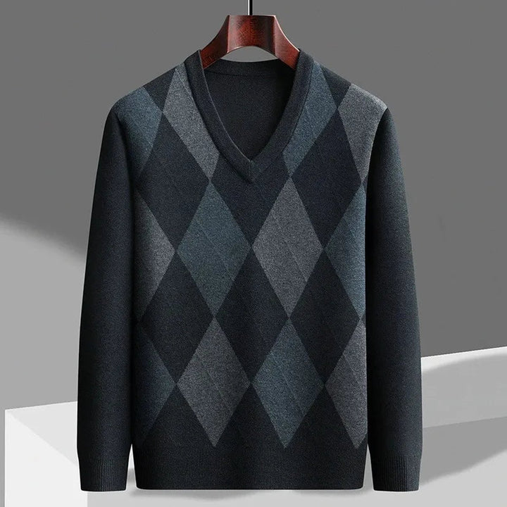 Mens Jumper Merino Wool Argyle V-Neck Knitted Pullover