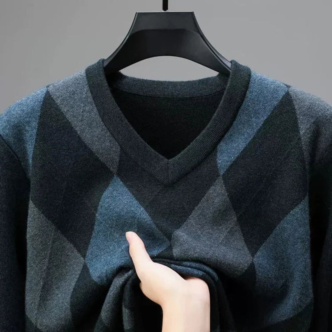 Mens Jumper Merino Wool Argyle V-Neck Knitted Pullover