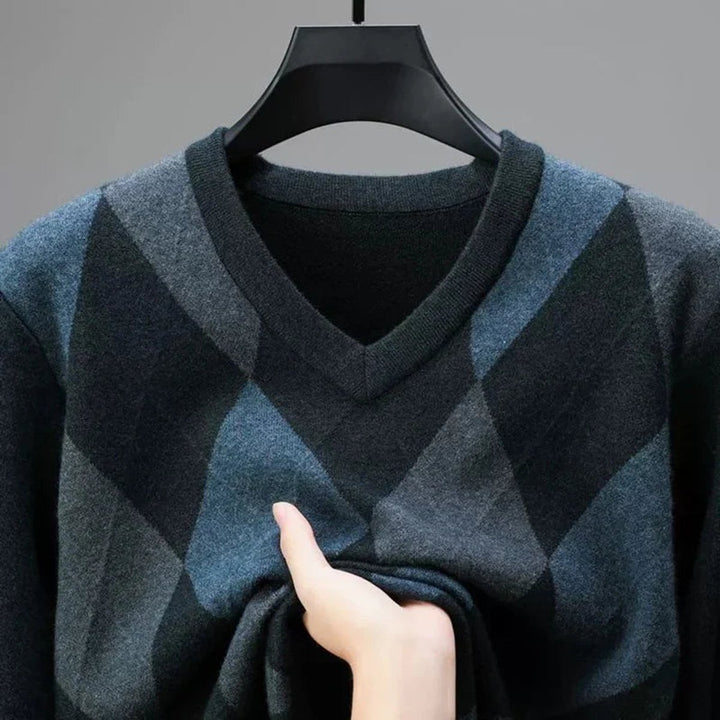 Mens Jumper Merino Wool Argyle V-Neck Knitted Pullover