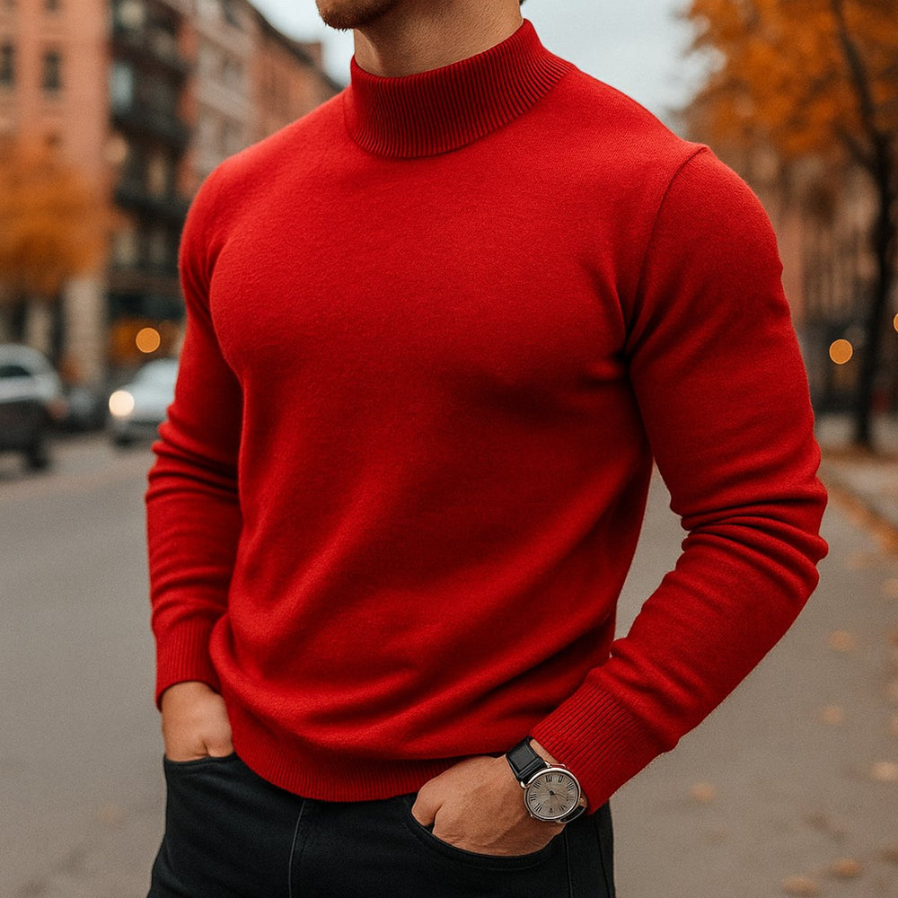 Mens Jumper Merino Wool Semi-Turtleneck Slim Knit Pullover