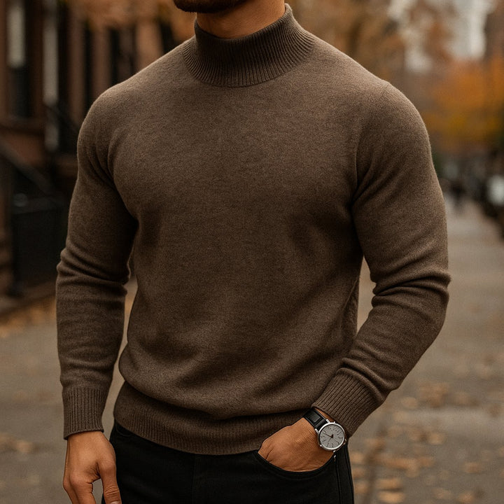 Mens Jumper Merino Wool Semi-Turtleneck Slim Knit Pullover
