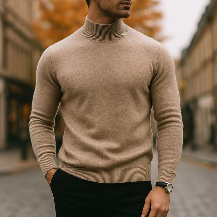 Mens Jumper Merino Wool Semi-Turtleneck Slim Knit Pullover