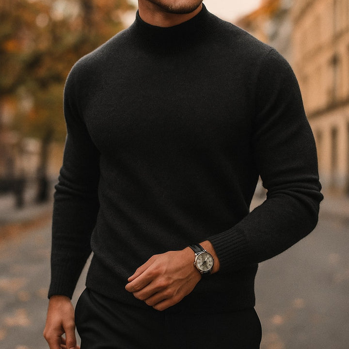 Mens Jumper Merino Wool Semi-Turtleneck Slim Knit Pullover