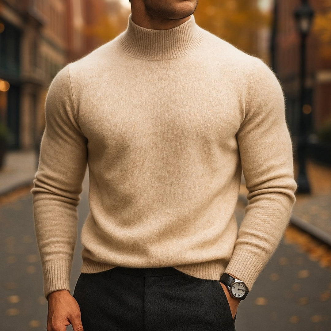 Mens Jumper Merino Wool Semi-Turtleneck Slim Knit Pullover