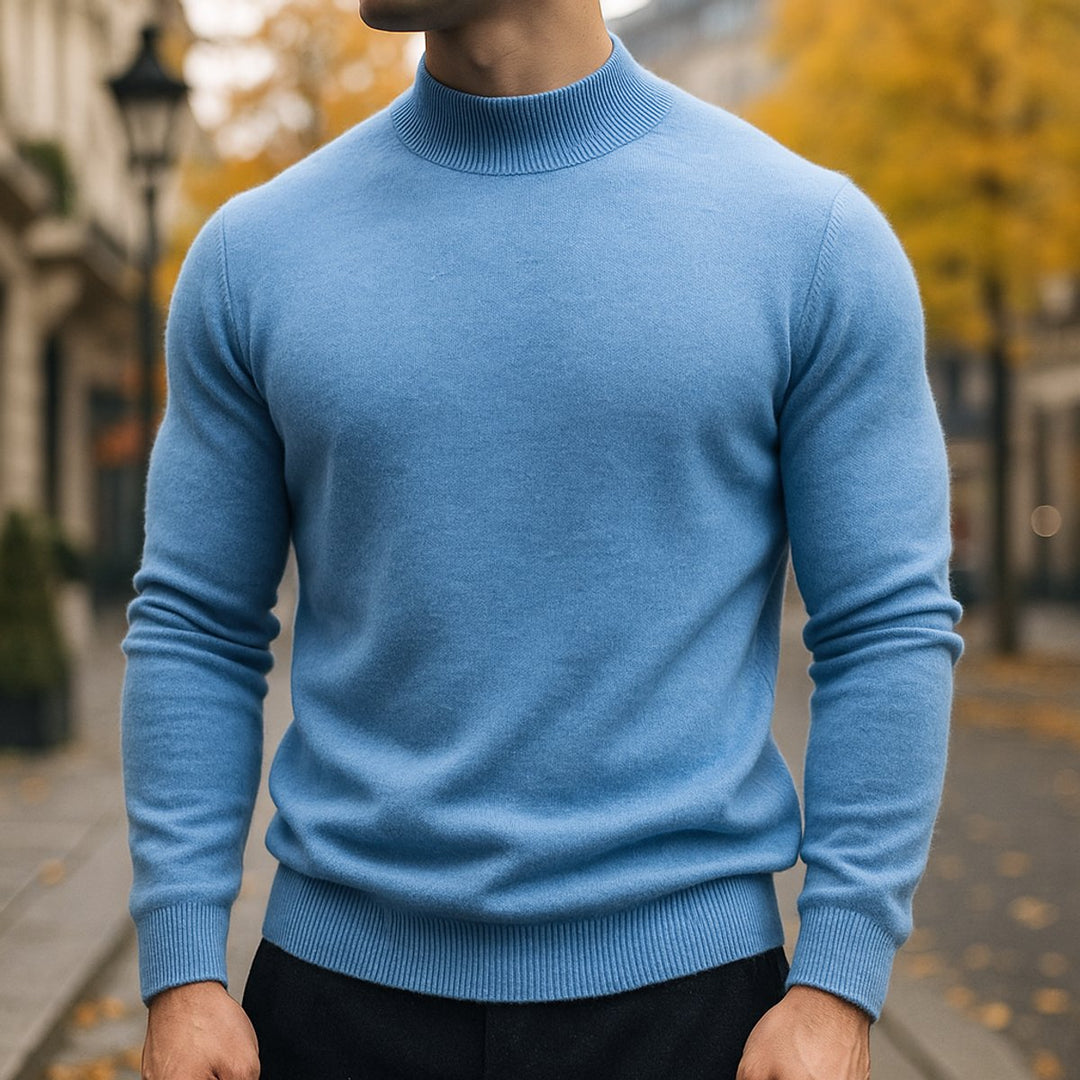 Mens Jumper Merino Wool Semi-Turtleneck Slim Knit Pullover