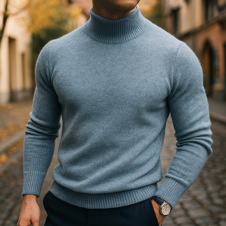 Mens Jumper Merino Wool Semi-Turtleneck Slim Knit Pullover