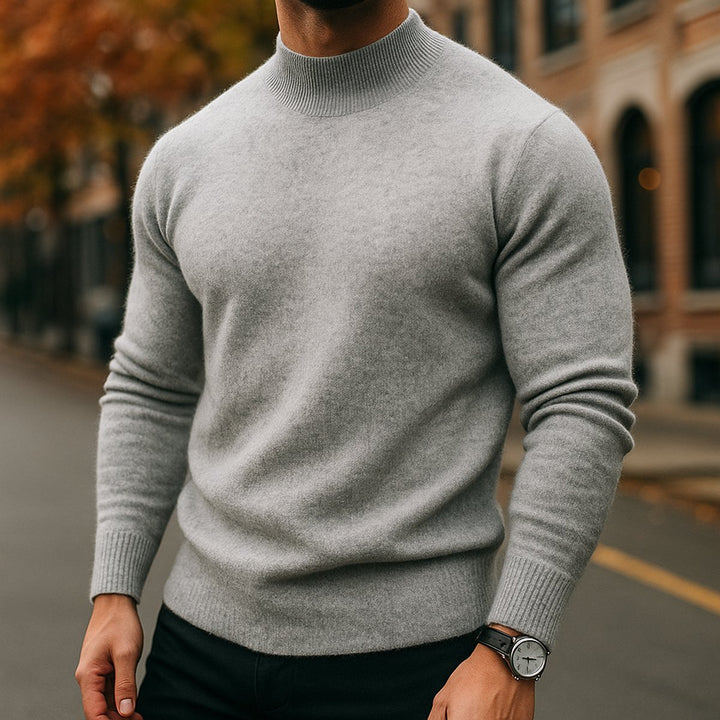 Mens Jumper Merino Wool Semi-Turtleneck Slim Knit Pullover