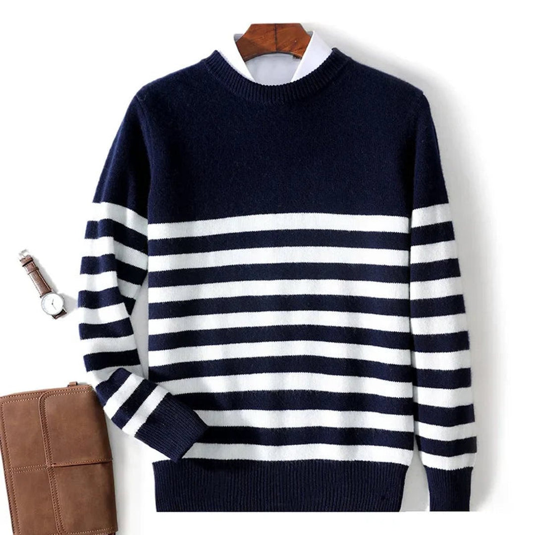 Mens Jumper Navy Stripe Ribbed Crew Neck Knitted Pullover