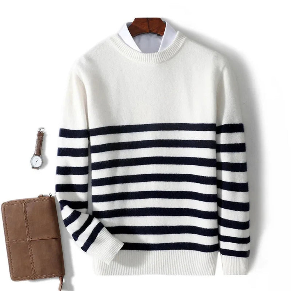 Mens Jumper Navy Stripe Ribbed Crew Neck Knitted Pullover