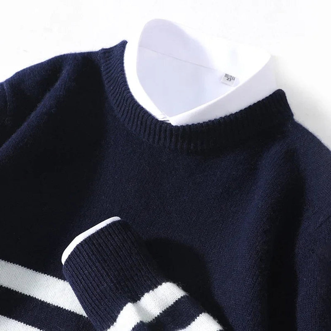 Mens Jumper Navy Stripe Ribbed Crew Neck Knitted Pullover