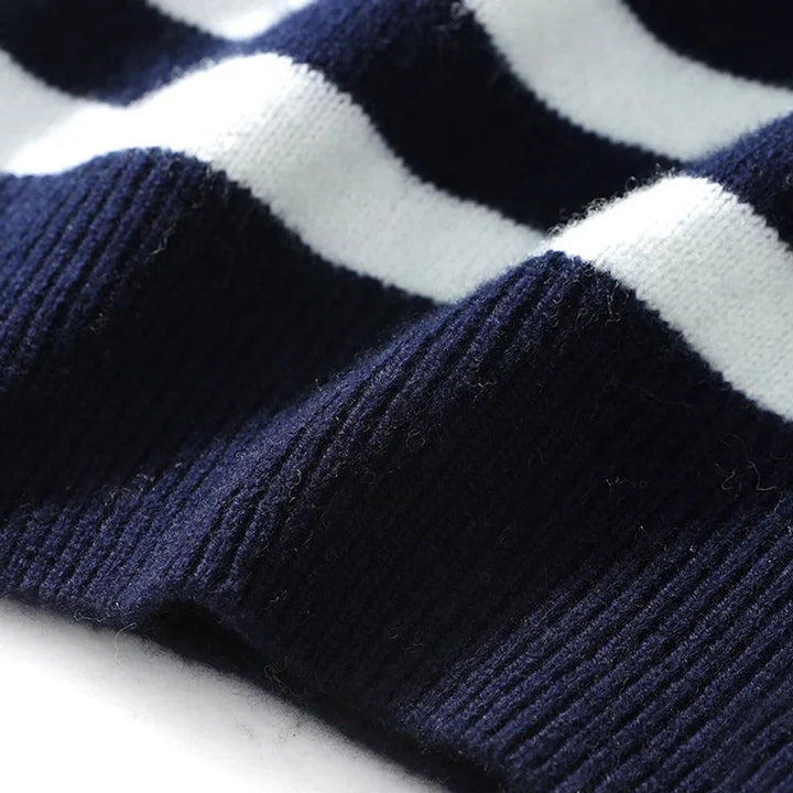 Mens Jumper Navy Stripe Ribbed Crew Neck Knitted Pullover