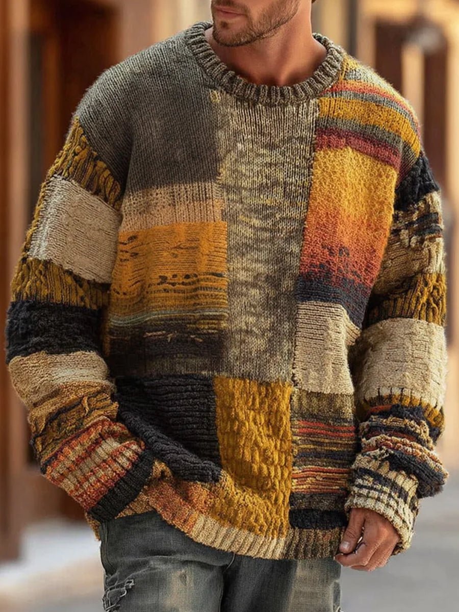 Mens Jumper Patchwork Knit Crewneck Chunky Pullover