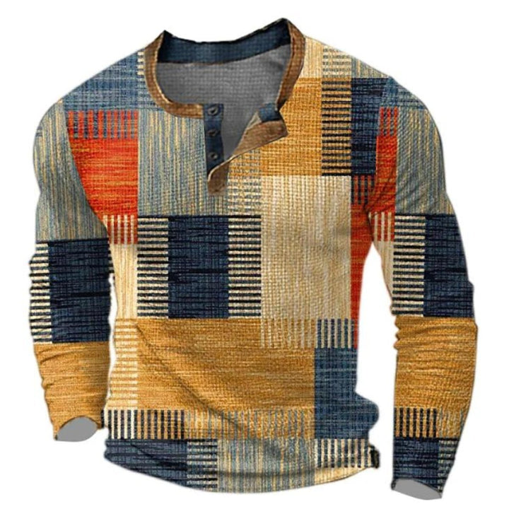 Mens Jumper Retro Colourblock Henley Long Sleeve Knitted Pullover