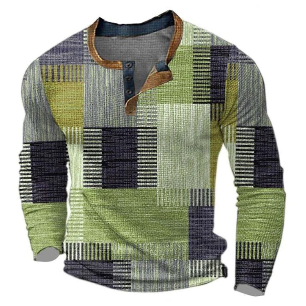 Mens Jumper Retro Colourblock Henley Long Sleeve Knitted Pullover