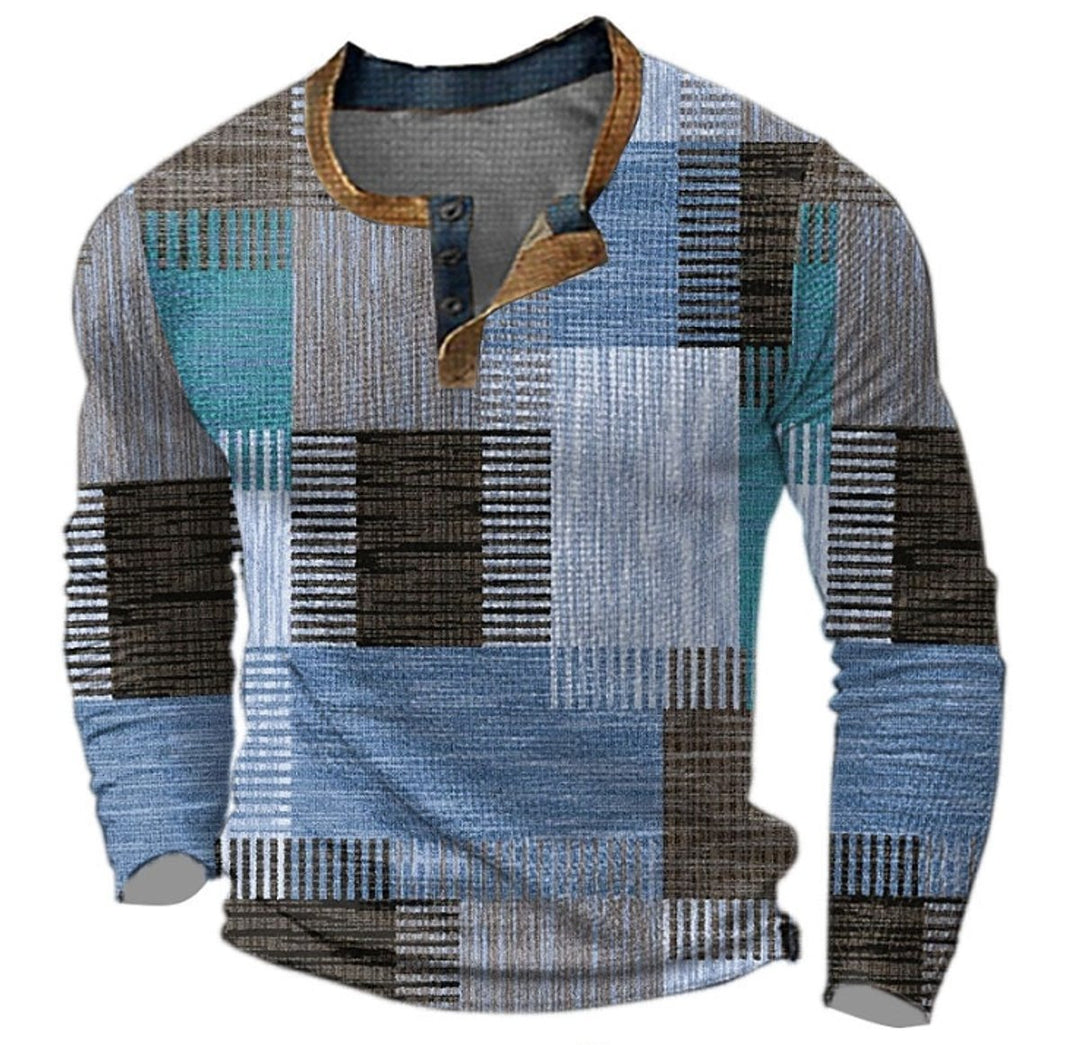 Mens Jumper Retro Colourblock Henley Long Sleeve Knitted Pullover