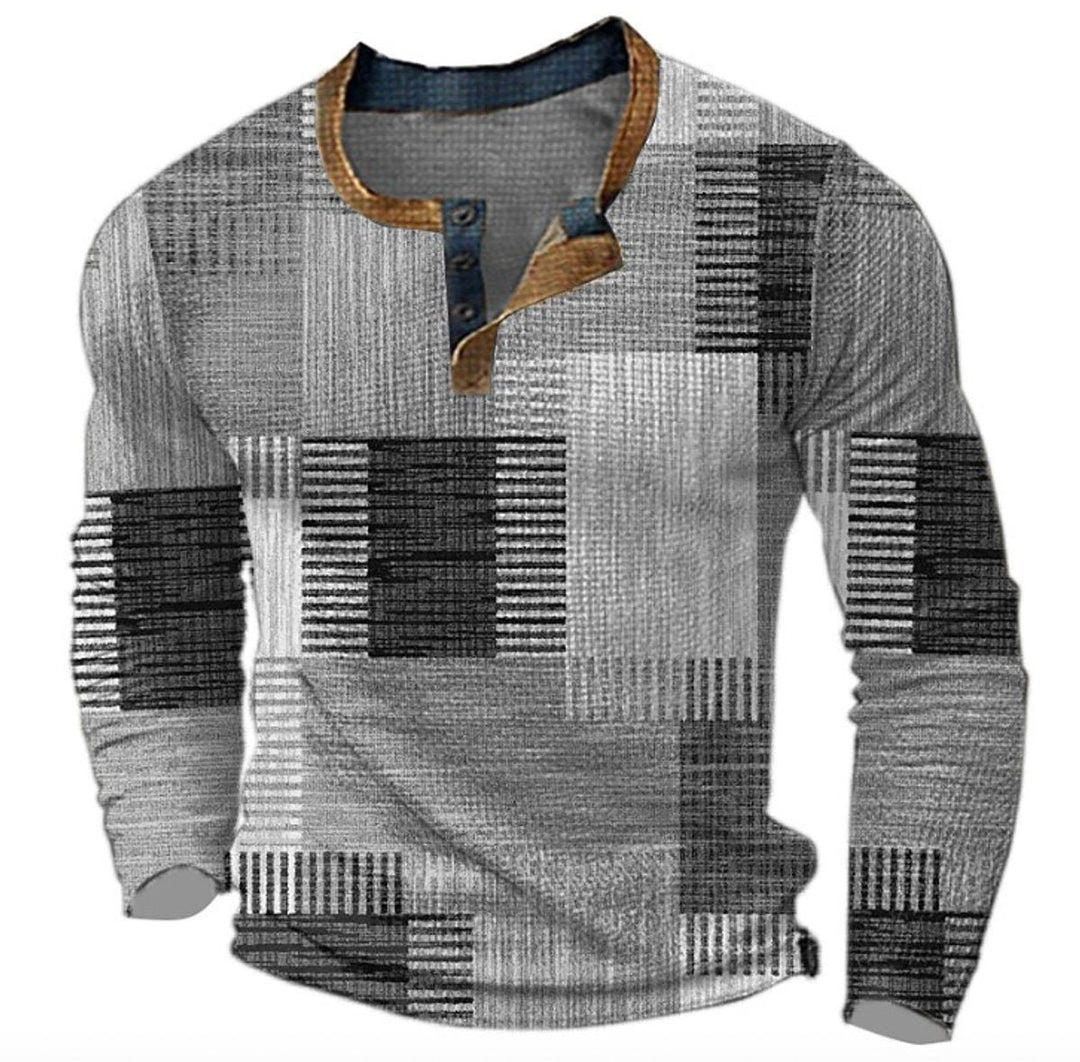 Mens Jumper Retro Colourblock Henley Long Sleeve Knitted Pullover