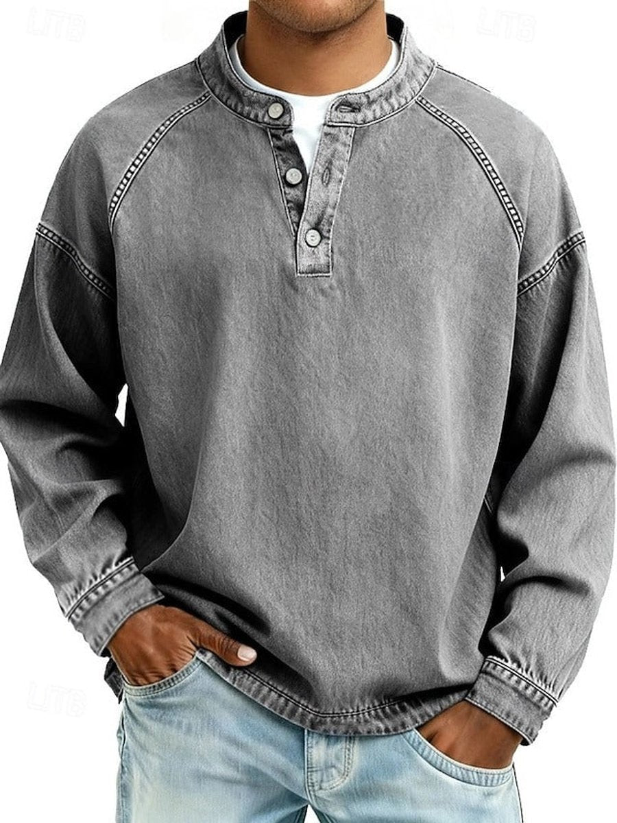 Mens Jumper Retro Henley Long-Sleeve Raglan Pullover Vintage Washed