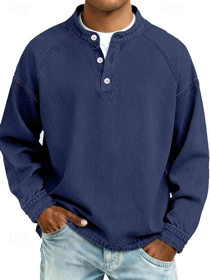Mens Jumper Retro Henley Long-Sleeve Raglan Pullover Vintage Washed