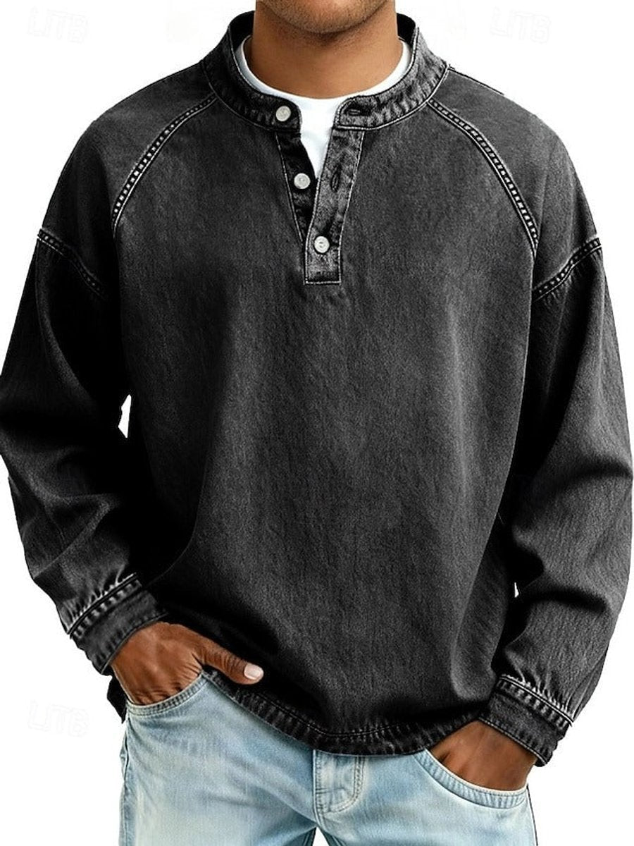 Mens Jumper Retro Henley Long-Sleeve Raglan Pullover Vintage Washed
