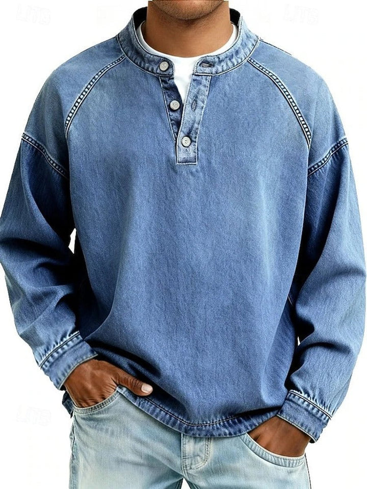 Mens Jumper Retro Henley Long-Sleeve Raglan Pullover Vintage Washed