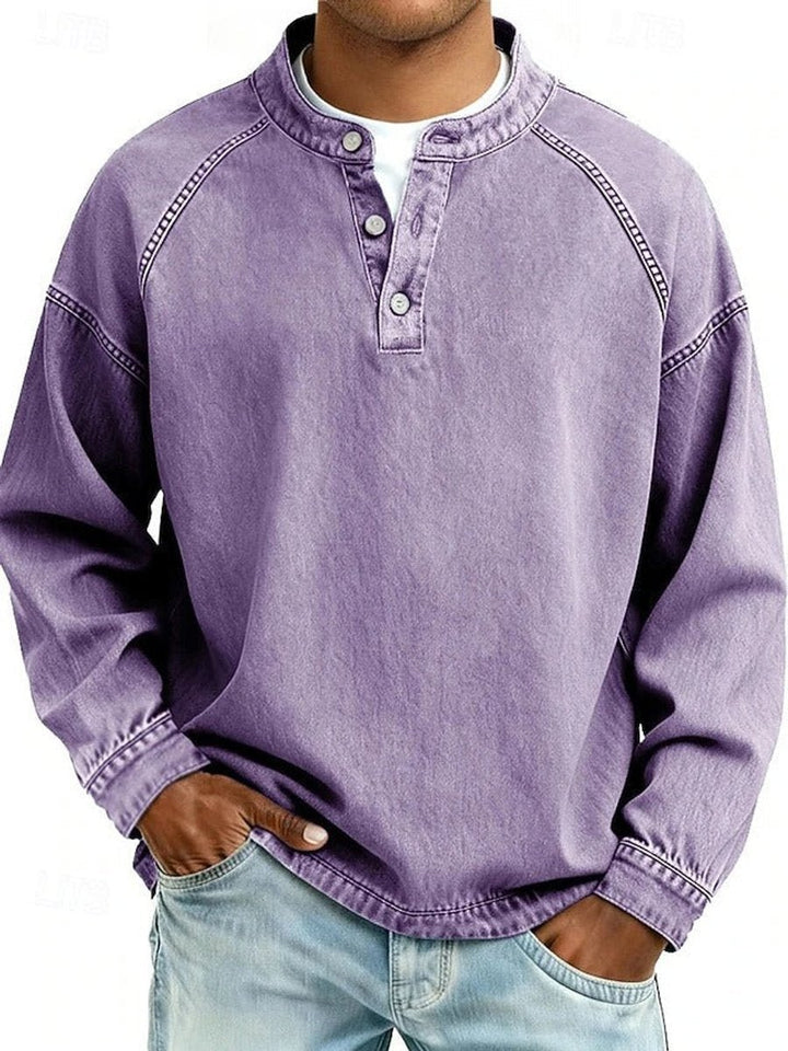 Mens Jumper Retro Henley Long-Sleeve Raglan Pullover Vintage Washed