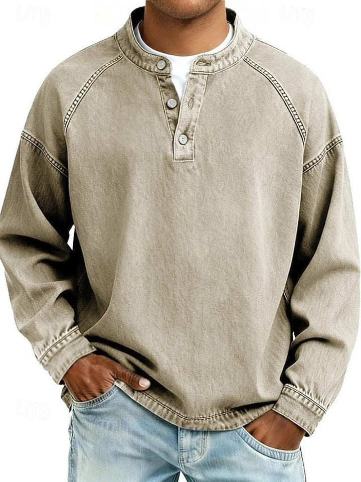 Mens Jumper Retro Henley Long-Sleeve Raglan Pullover Vintage Washed