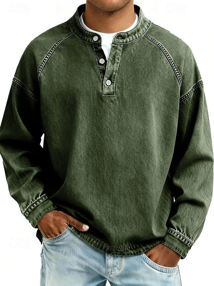 Mens Jumper Retro Henley Long-Sleeve Raglan Pullover Vintage Washed