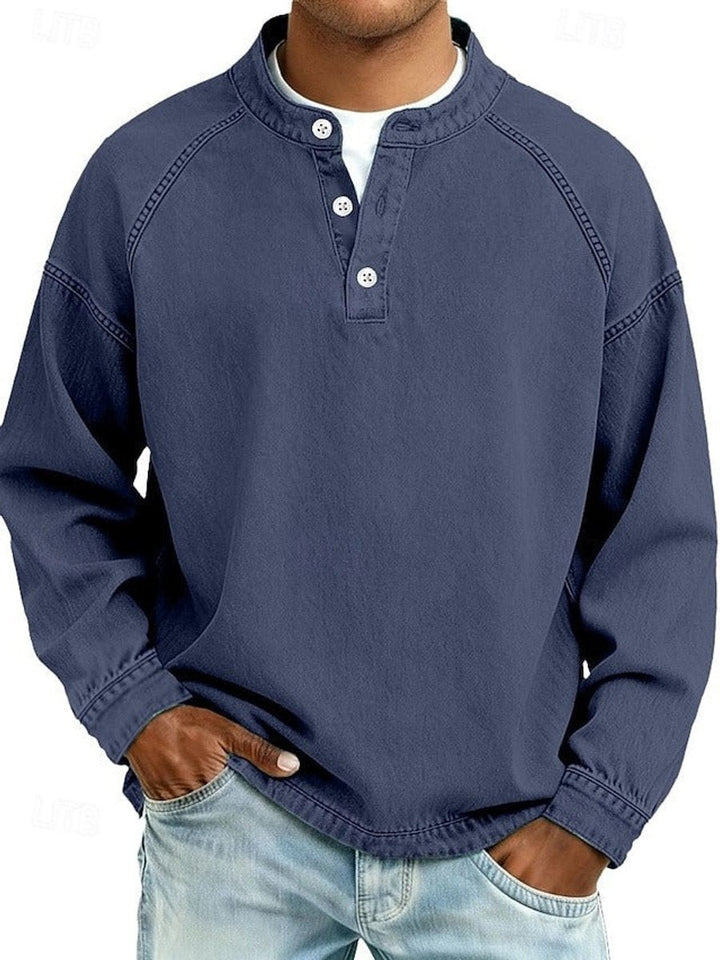 Mens Jumper Retro Henley Long-Sleeve Raglan Pullover Vintage Washed