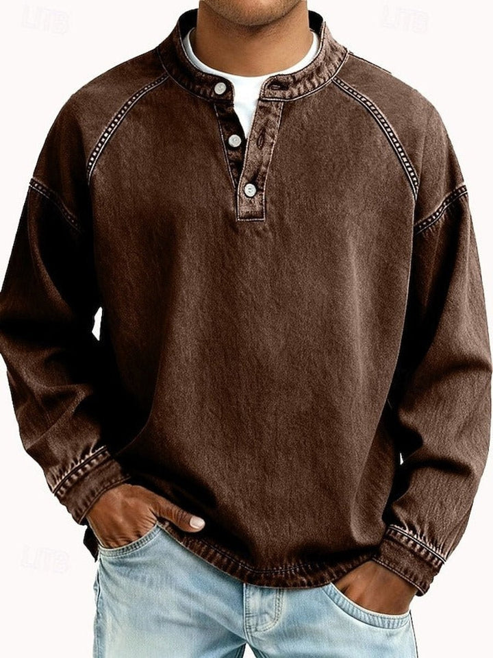 Mens Jumper Retro Henley Long-Sleeve Raglan Pullover Vintage Washed