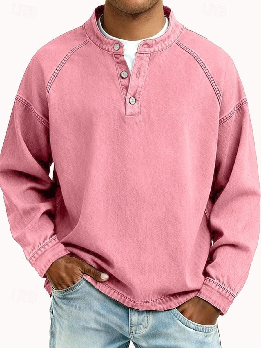 Mens Jumper Retro Henley Long-Sleeve Raglan Pullover Vintage Washed