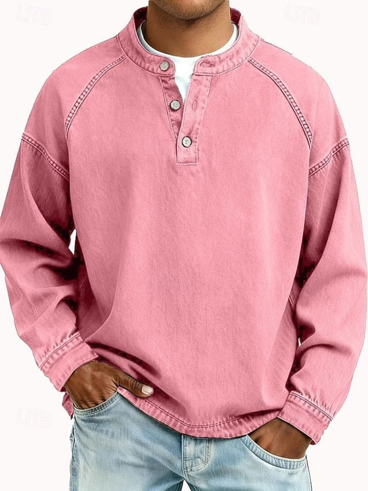 Mens Jumper Retro Henley Long-Sleeve Raglan Pullover Vintage Washed