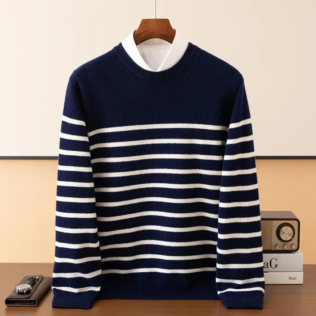 Mens Jumper Striped Merino Cashmere Blend Crew Neck Knit
