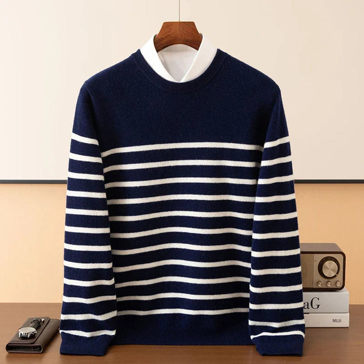 Mens Jumper Striped Merino Cashmere Blend Crew Neck Knit