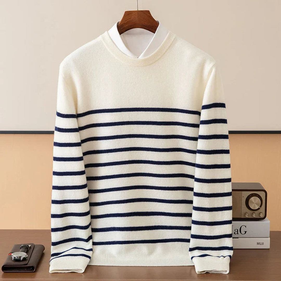 Mens Jumper Striped Merino Cashmere Blend Crew Neck Knit