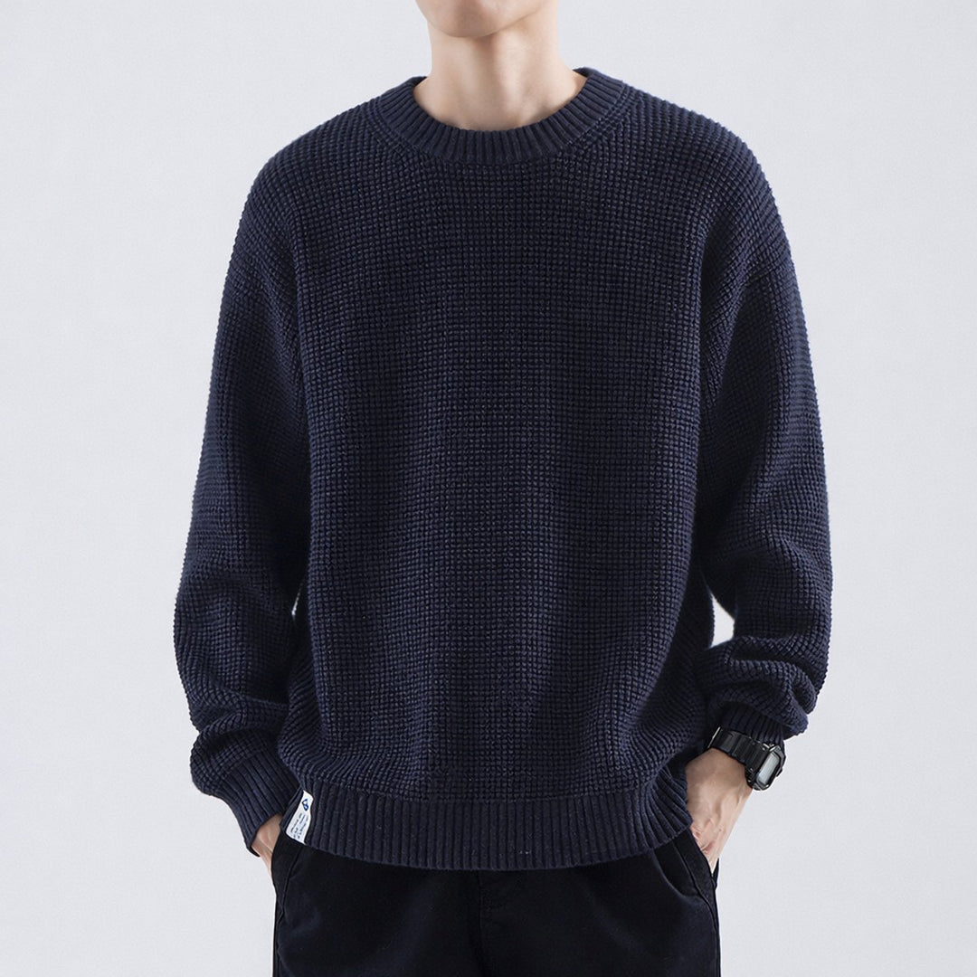 Mens Jumper Textured Waffle-Knit Crew-Neck Pullover