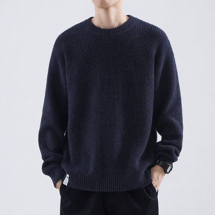 Mens Jumper Textured Waffle-Knit Crew-Neck Pullover