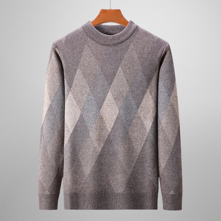 Mens Jumper Wool-Blend Argyle Knit Crewneck Pullover