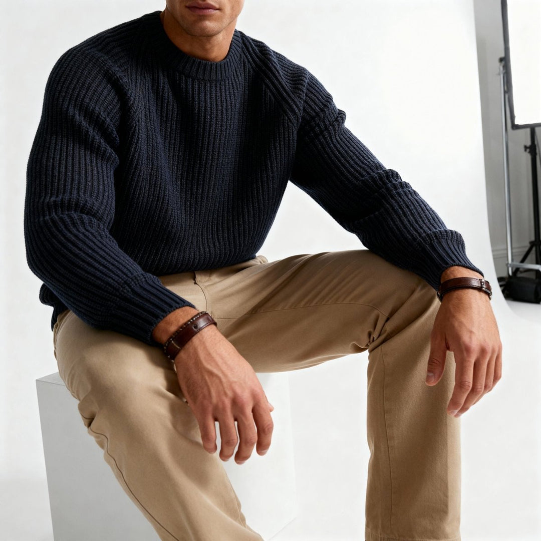 Mens Jumpers Heavyweight Cotton Fisherman Rib Crewneck Knit
